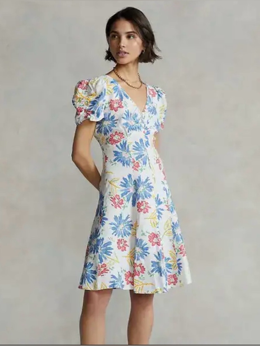 Polo Ralph Lauren linen Dress -Tulum Floral, Button Front,Puff Sleeve, size 8